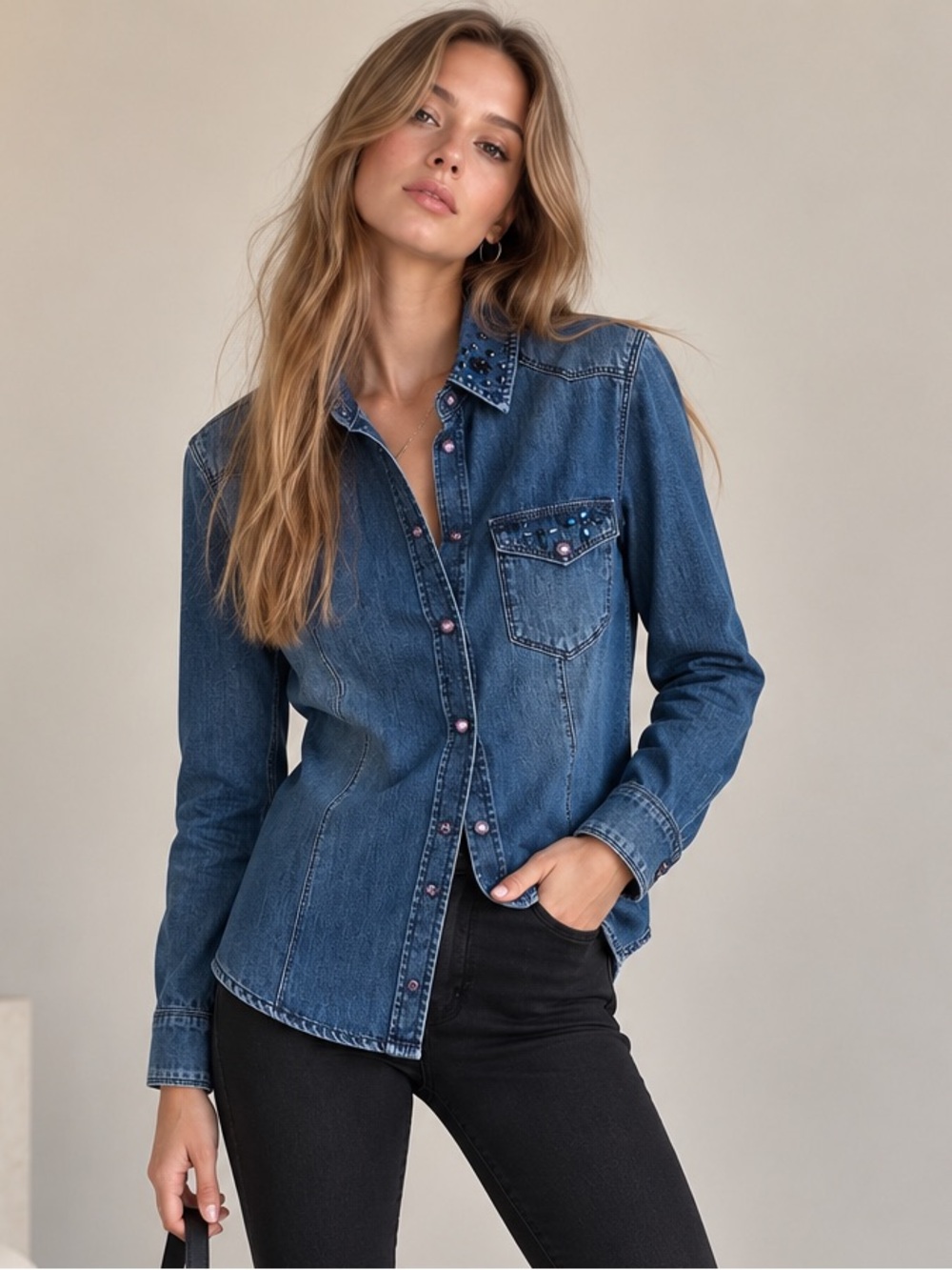 IPEKYOL Embellished Denim Shirt Crystal Detail Blue Size 6
